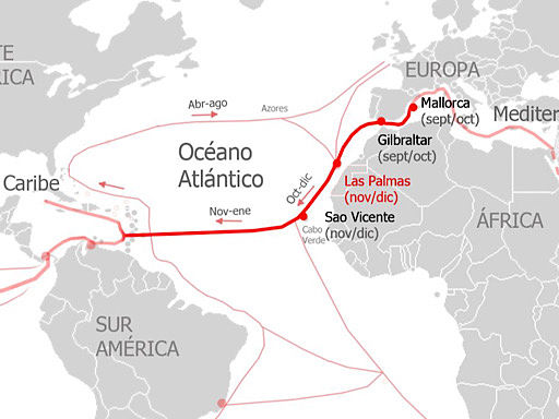 Mapa de la travesía atlántica desde España a bordo del catamaran Kyra