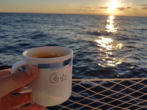 Tomando una taza de café observando una preciosa puesta de sol en Ibiza, a bordo de un barco